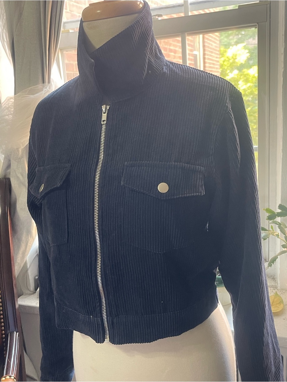 Wild Honey Navy Corduroy Zip-Front Cropped Jacket